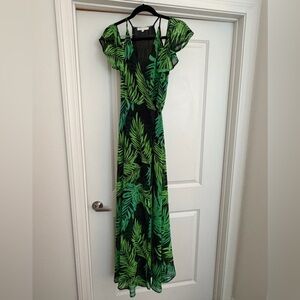 Olivaceous Green Leaf Print Wrap Off-Shoulder Maxi Dress - Size M